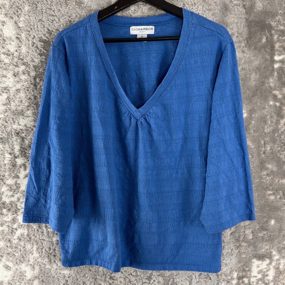 Sag Harbor Plus Size‎ 2X Textured V-Neck Pullover Knit Top Blue 3/4 Sleeve Women